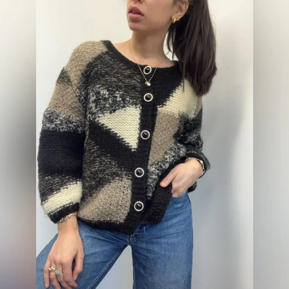 Vintage Black & Cream Wool Chunky Knit Cardigan Round Neck Large Buttons Size M
